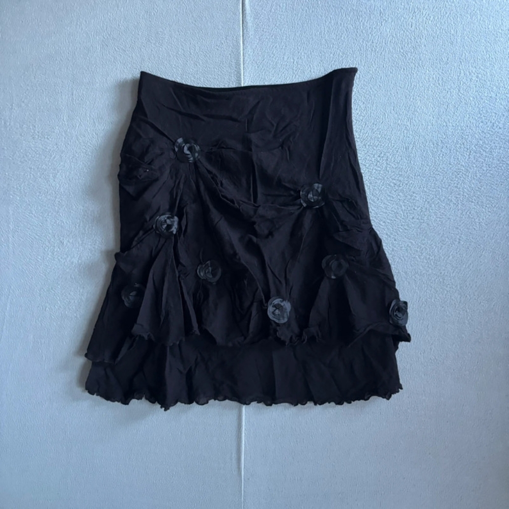 giv Wool Gathered Flower Embellished Hippy Boho Brown Midi Skirt
